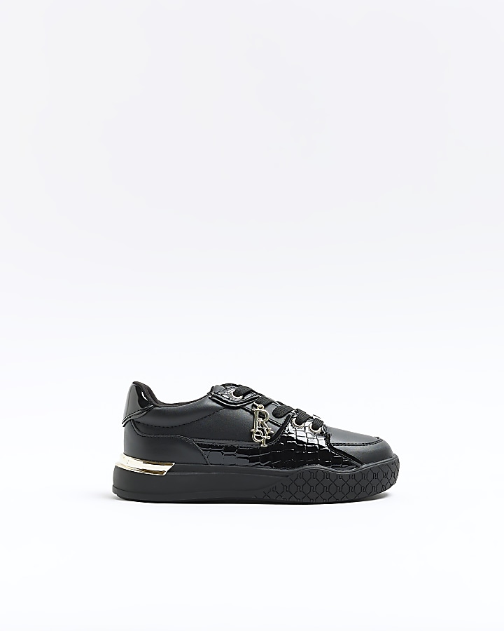 Girls black patent croc embossed trainers