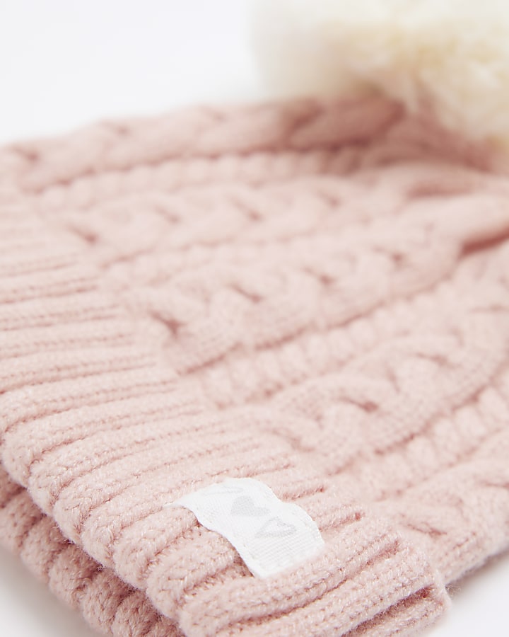 Baby girls pink cable knit pom pom beanie hat