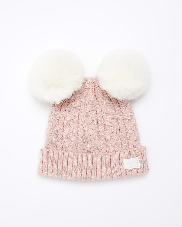 Baby girls pink cable knit pom pom beanie hat