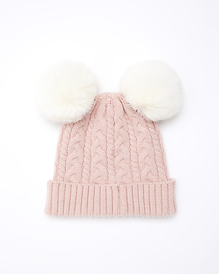Baby girls pink cable knit pom pom beanie hat