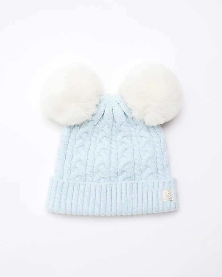 Baby boys blue cable knit pom pom beanie hat