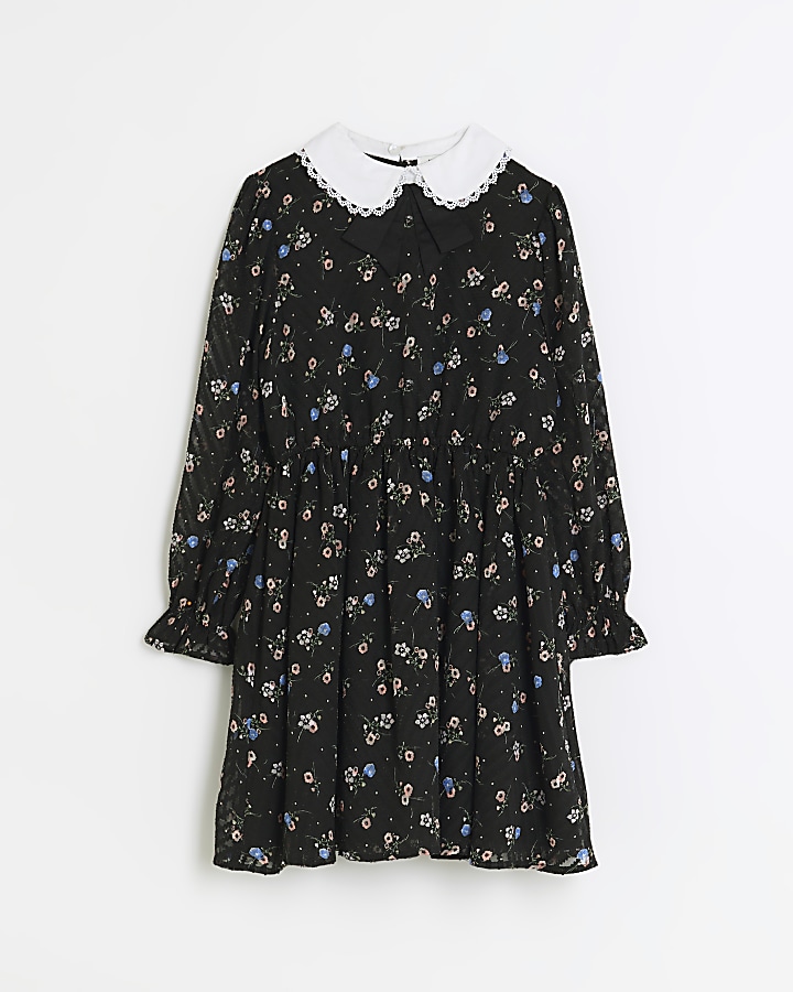 Girls black floral collared shirt dress