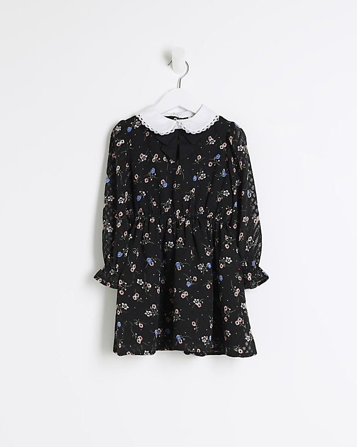 Mini girls black floral collared shirt dress | River Island