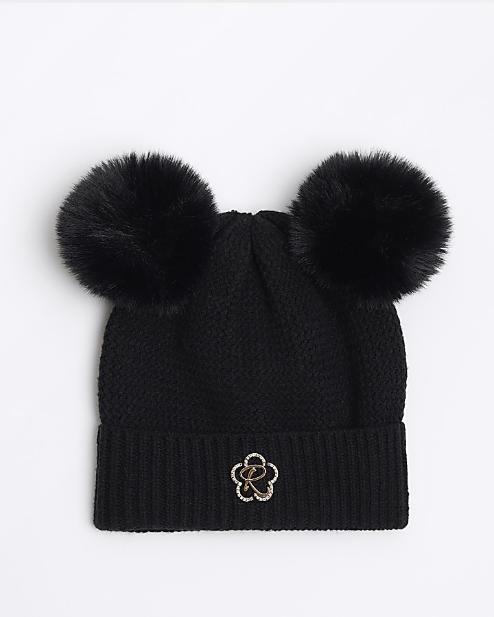 Girls black pom pom beanie hat