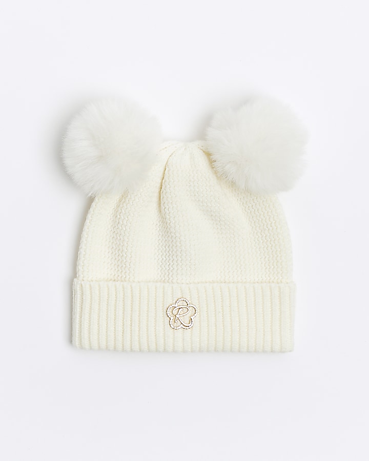 Girls cream pom pom beanie hat