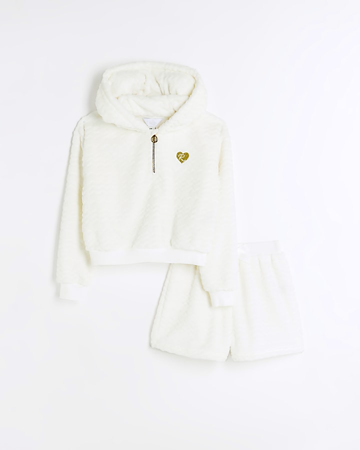 Girls cream cosy hoodie and shorts lounge set