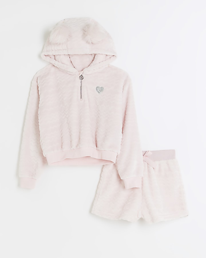 Girls pink cosy hoodie and shorts lounge set | River Island