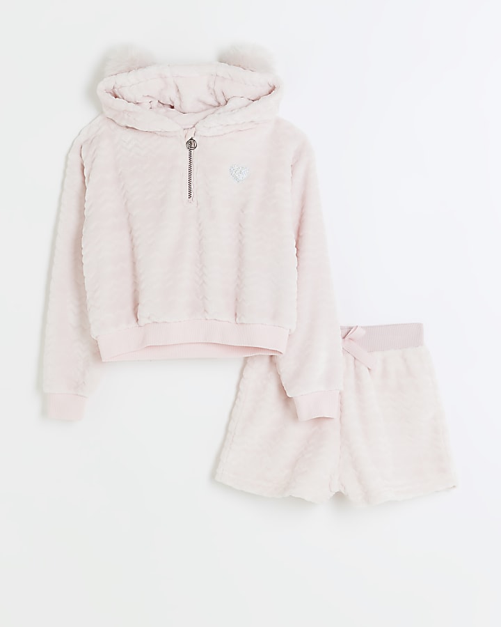 Girls pink cosy hoodie and shorts lounge set