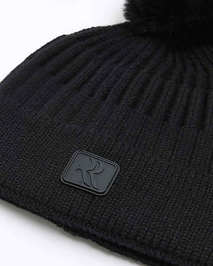 Mini boys black bobble beanie hat River Island