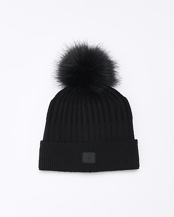 Boys Black Pom Pom Beanie Hat