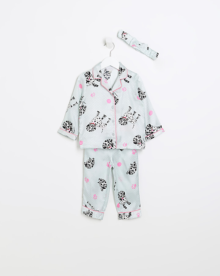 Mini girls green Dalmatian satin pyjama set