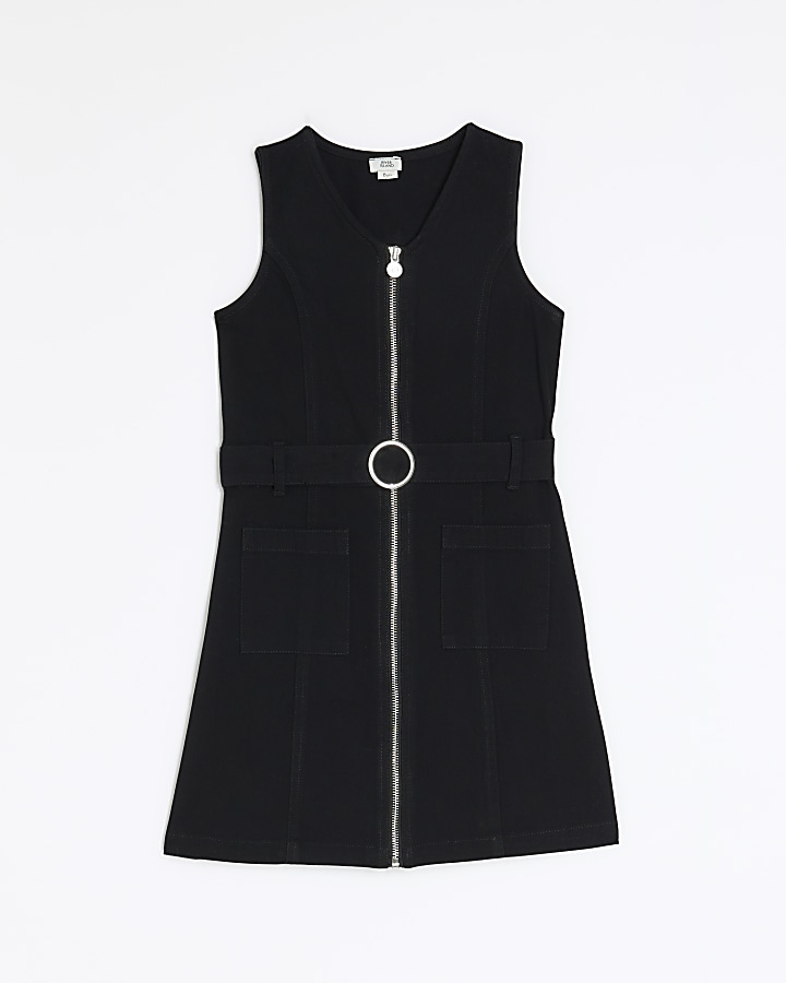 Girls black zip up utility pinafore dress