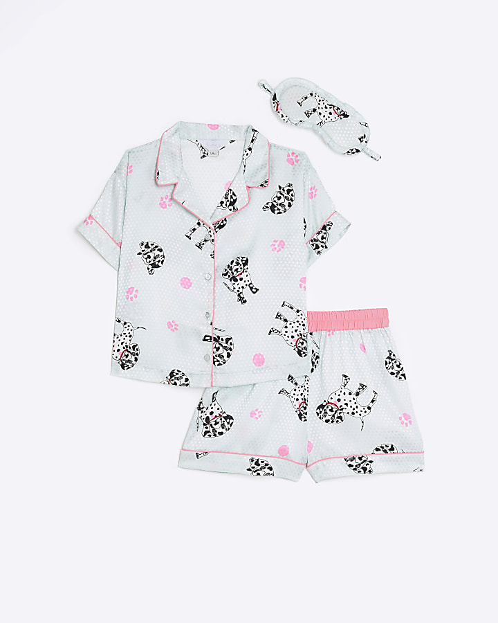 Girls green satin printed 3 piece pyjama set