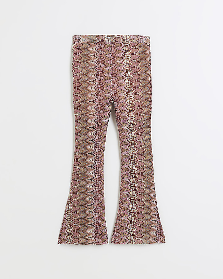 Girls brown jacquard flared trousers