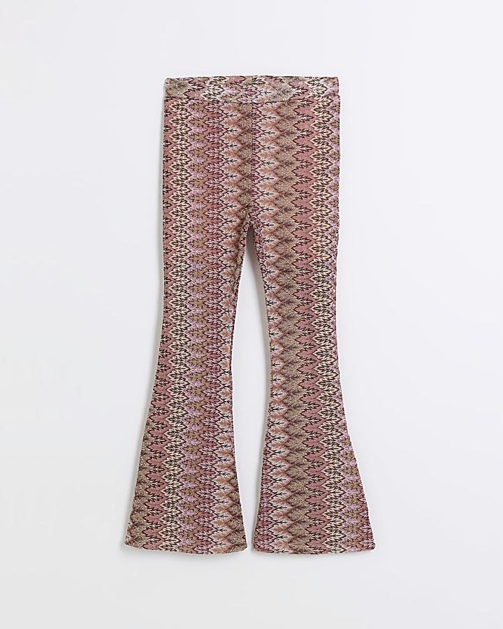 Girls brown jacquard flared trousers