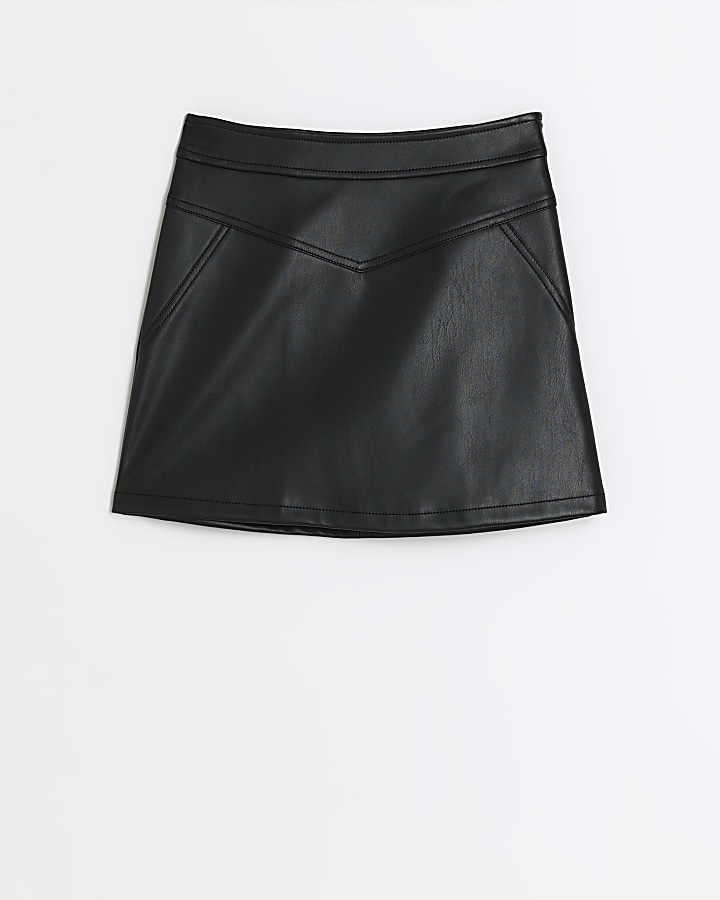 Girls black faux leather seam skirt | River Island