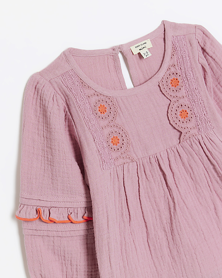 Mini girls pink embroidered top set