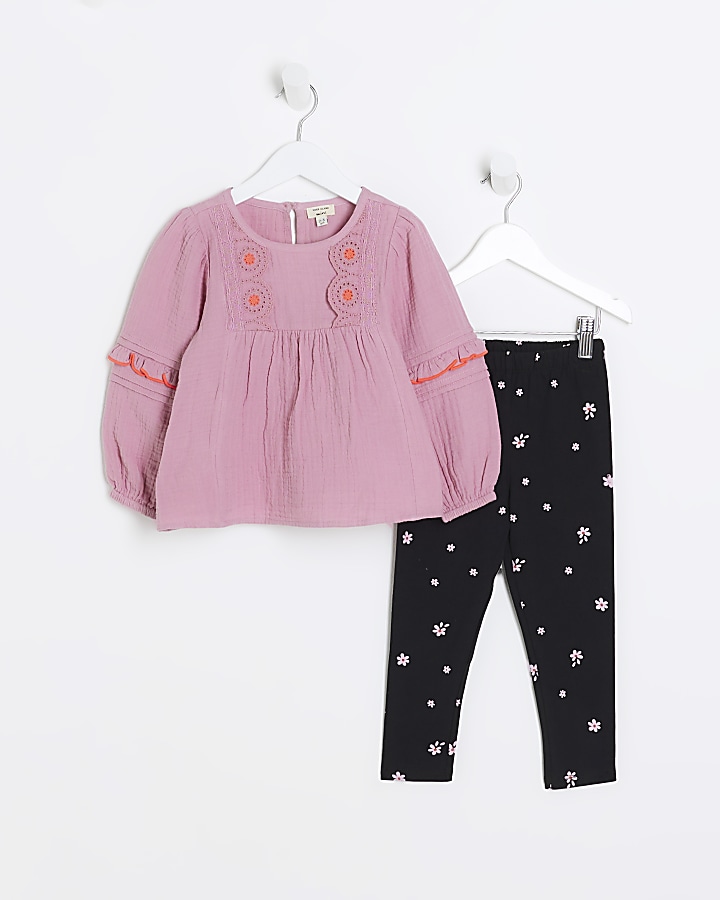 Mini girls pink embroidered top set