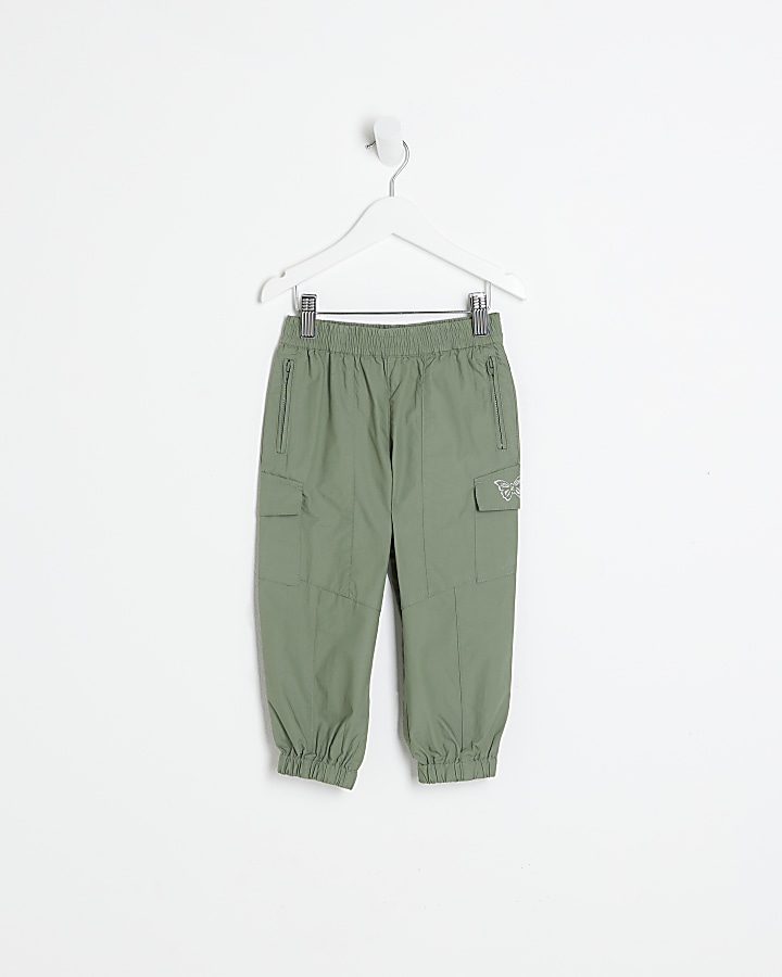 Mini girls khaki embroidered cargo trousers