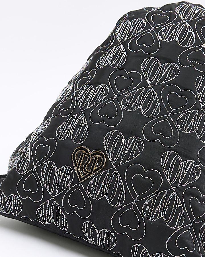 Girls black nylon heart drawstring bag