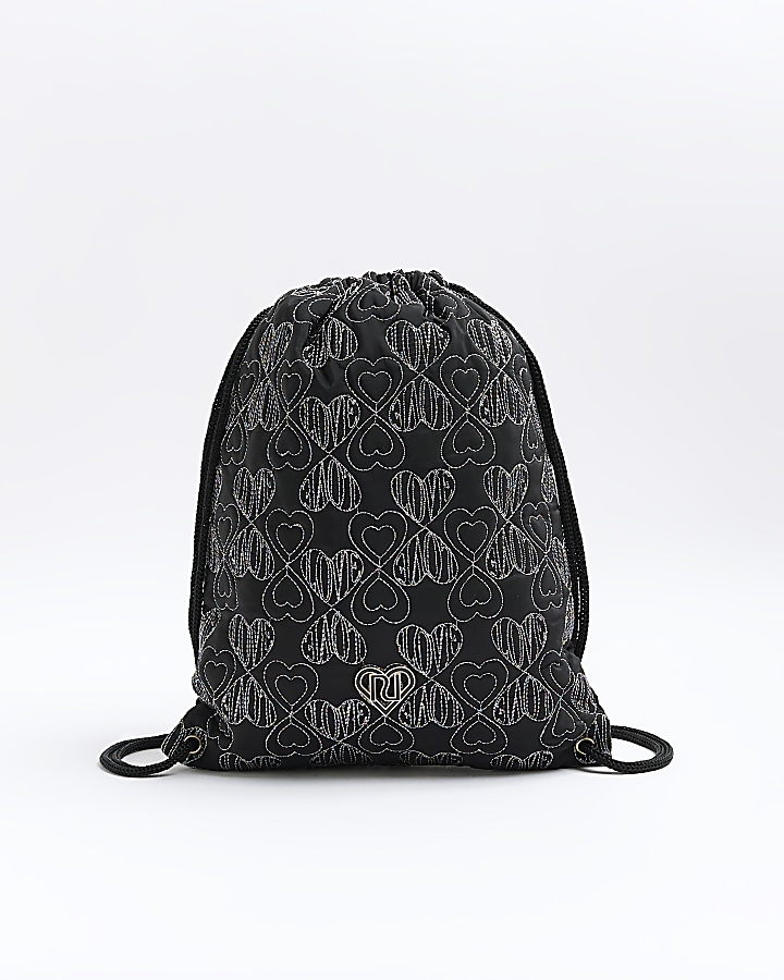 Girls black nylon heart drawstring bag