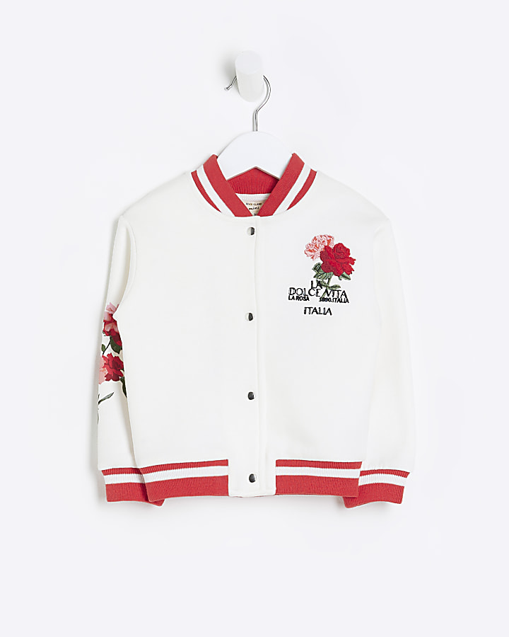 Mini girls ecru floral bomber jacket