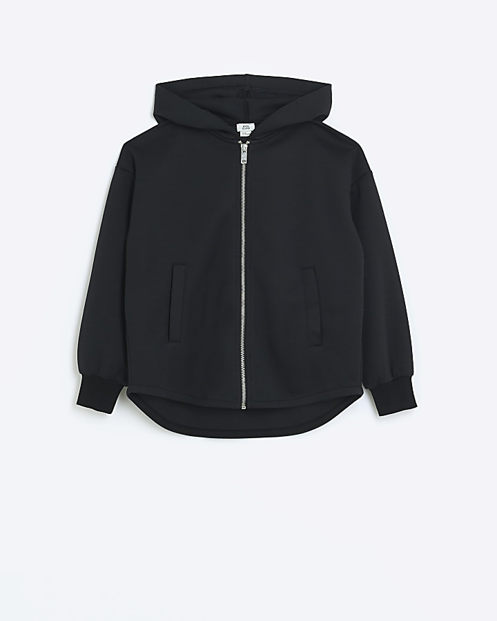 Girls black frill back zip up hoodie | River Island