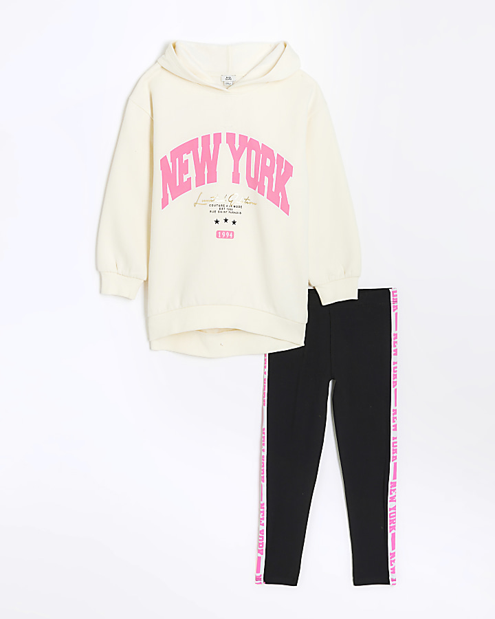 Girls cream New York hoodie and leggings set