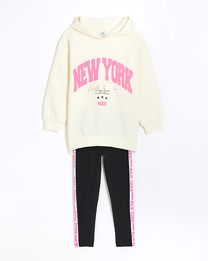 Girls cream New York hoodie and leggings set | River Island