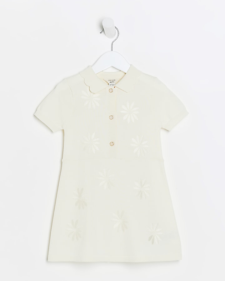 Mini girls cream floral embroidered dress