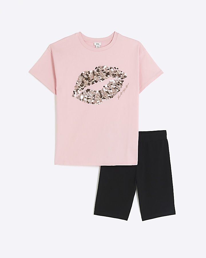 Girls pink sequin lips graphic t-shirt set