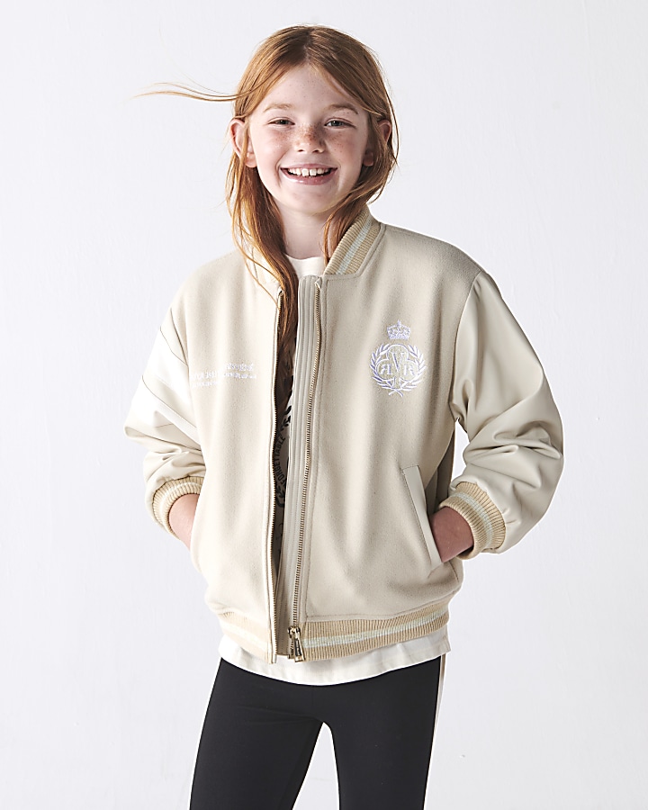 Girls cream embroidered varsity bomber jacket