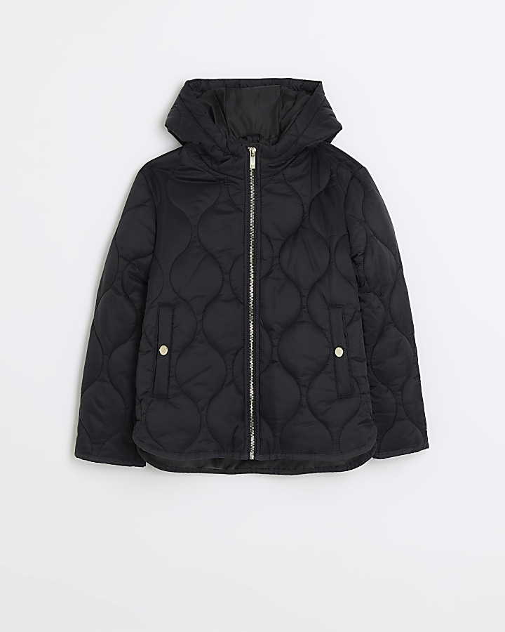 Girls black padded hooded jacket