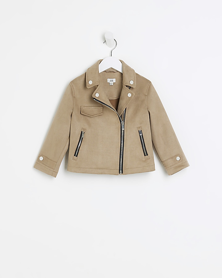 Mini girls beige suedette biker jacket