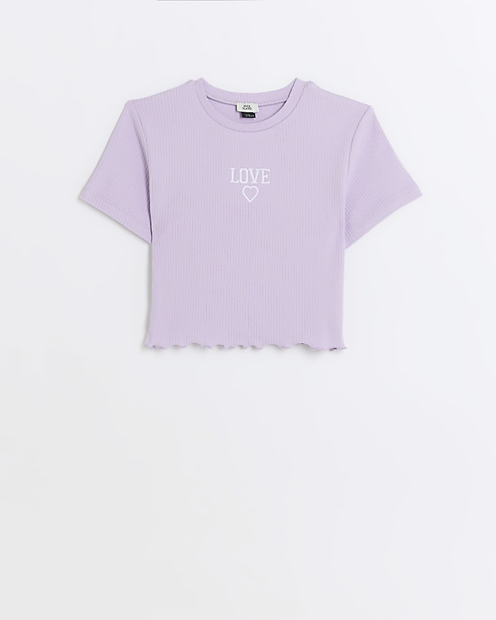 Girls purple ribbed short sleeve crop t-shirt