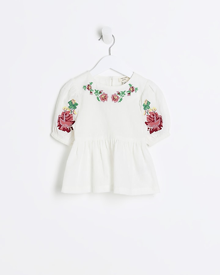 Mini girls White floral Embroidered Blouse