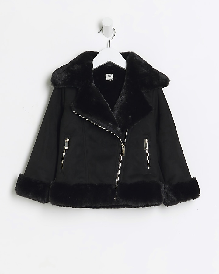 Mini girls black faux fur trim aviator jacket