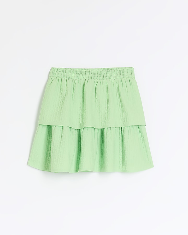 Girls green shirred textured layered skirt