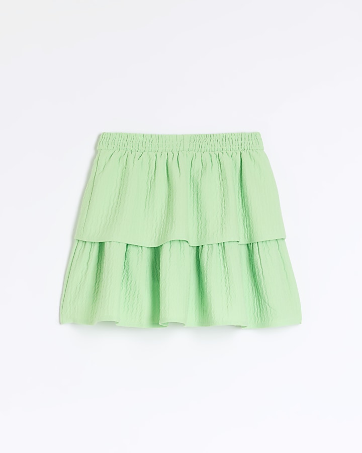 Girls green shirred textured layered skirt