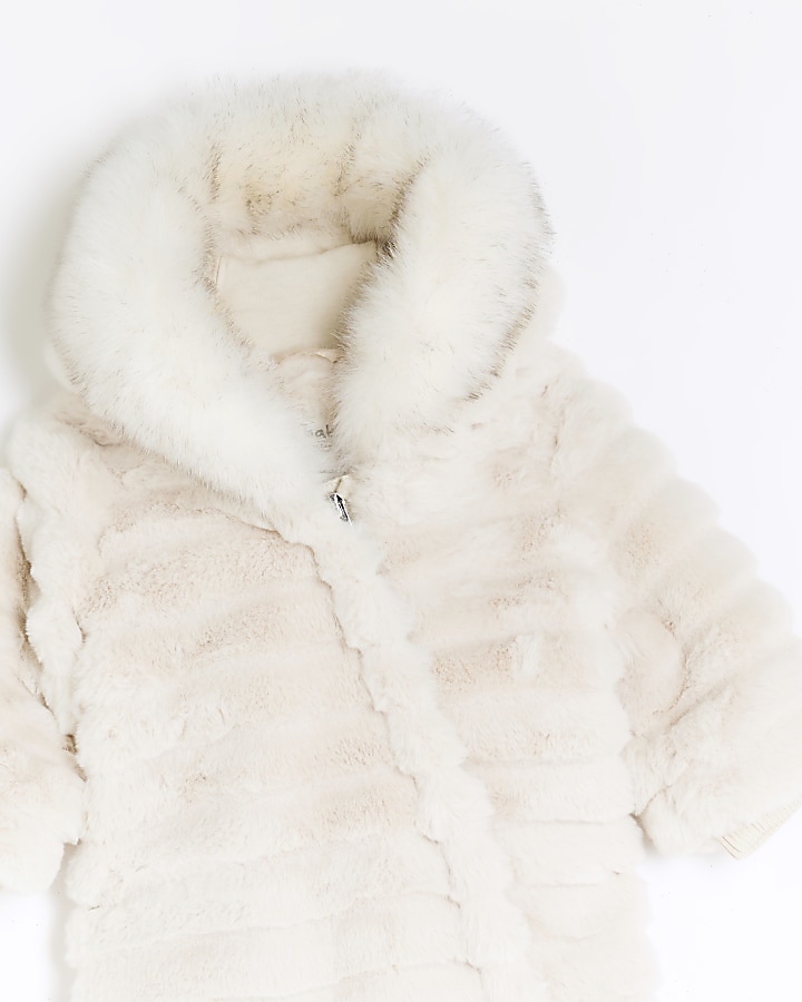Baby girls cream faux fur pramsuit all in one | River Island