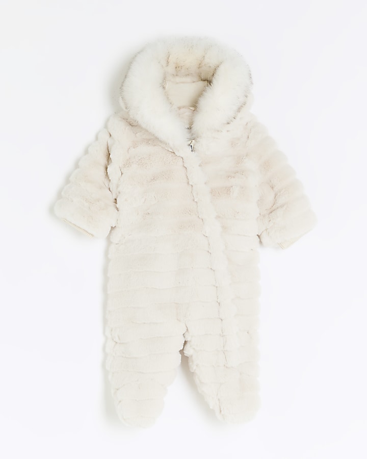 Baby girls cream faux fur pramsuit all in one