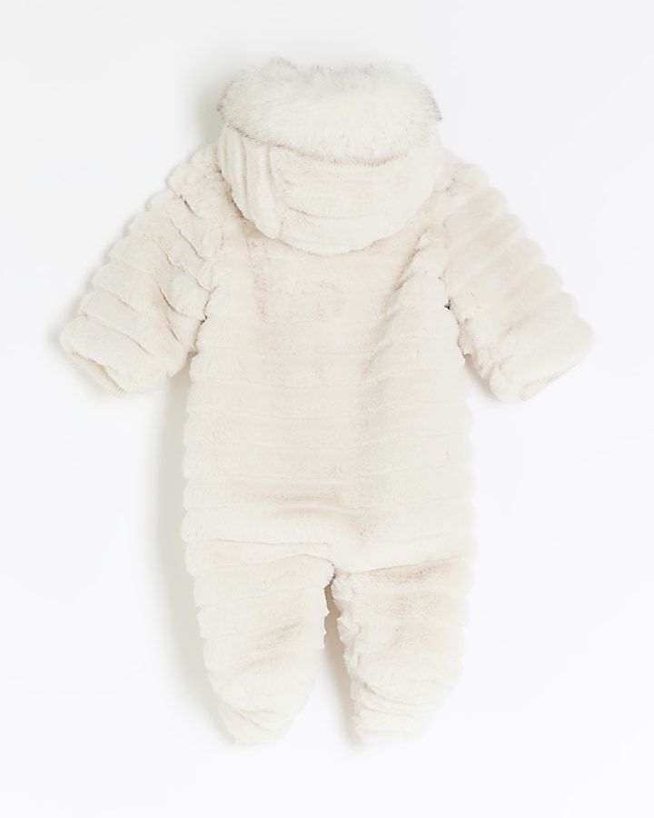 Baby girls cream faux fur pramsuit all in one River Island