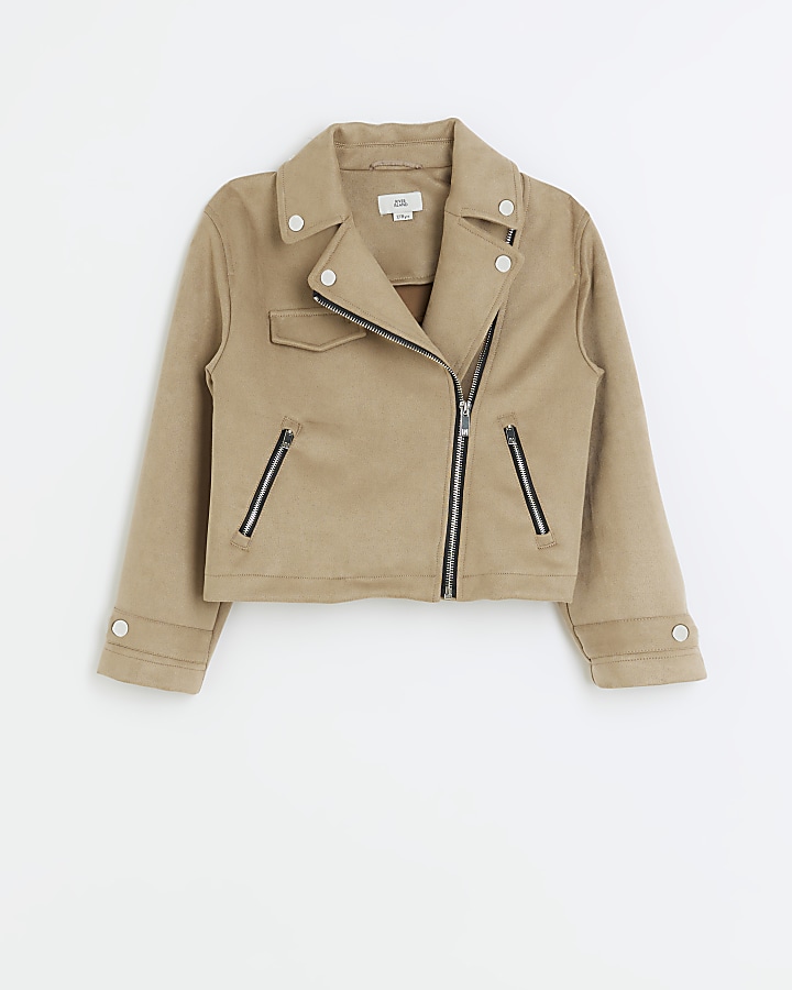 Girls beige suedette biker jacket