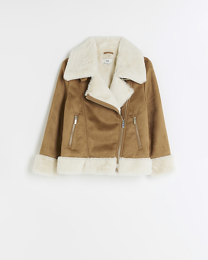 Girls brown suedette aviator jacket | River Island