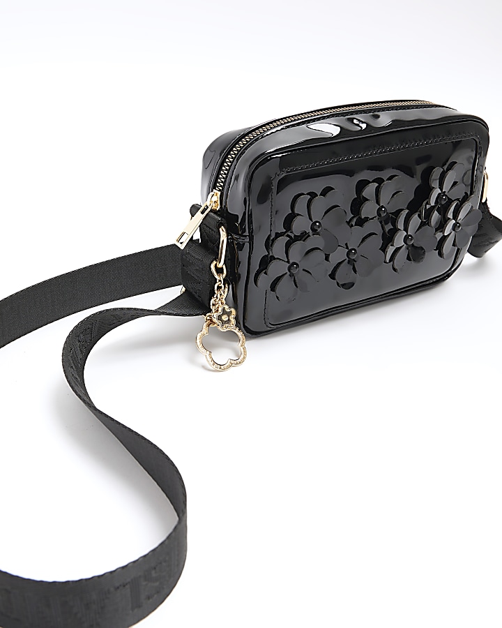 Girls Black Patent 3D Flower Camera Bag