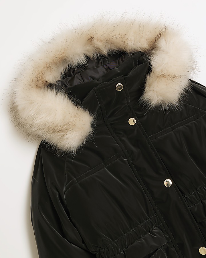 Girls black velvet look hooded coat River Island