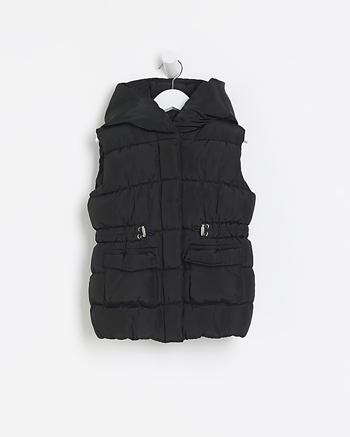 Mini girls black padded hooded gilet