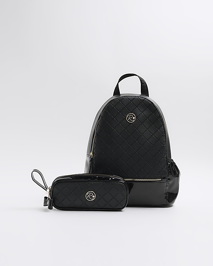 Girls black faux leather backpack bundle