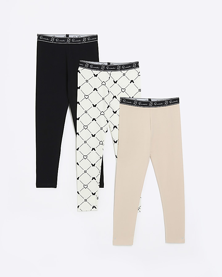 Girls beige monogram leggings 3 pack River Island