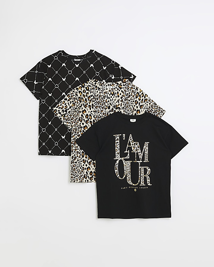 Girls black leopard print t-shirt multipack